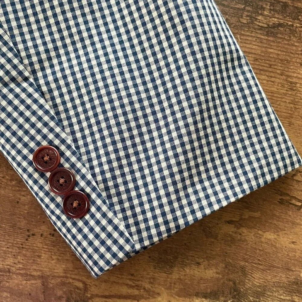 Orvis Mens Sport Coat Jacket 38R Navy Blue Beige Gingham Cotton Blend Two Button